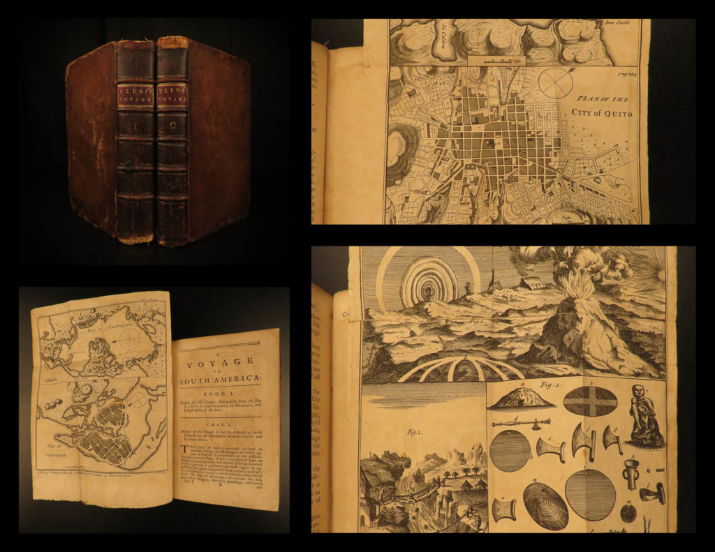 1760 juan & ulloa scientific voyages to south america gold mining incan peru 2v | antonio de ulloa and jorge juan, two prominent spanish naval officers, embarked on journey to south america, where they eventually settled exploring from ecuador to peru. During this time of exploration, they discovered the metallic element platinum. This journey led them to becoming two of the most important european scientists of the early 18<sup>th</sup>-century.   they published an account of their expedition, a work that was met with immediate popularity – translated from the original spanish into english and other european languages. <strong>‘<em>a voyage to south-america</em>’ is one of the best spanish accounts of gold and silver mining in the 18<sup>th</sup>-century. </strong> it is also filled with observations and discoveries on anthropology, geology, plants, and animals.   according to sabin, “juan and ulloa’s travels [is] the most entertaining and satisfactory work of its kind! ” per hill, “the end result was a fund of important scientific observations in various fields, as well as the knowledge that the earth was not perfectly spherical but flattened at the poles. ”  