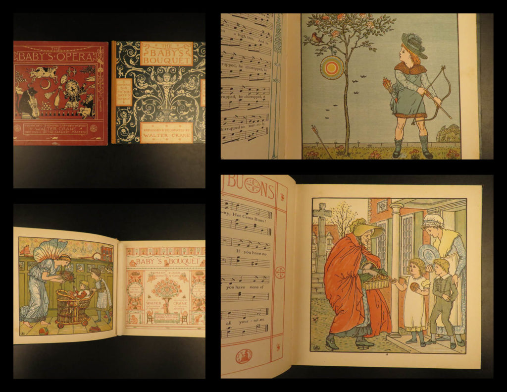 1900 walter crane art 2v baby’s bouquet & opera nursery rhymes children’s tales | walter crane (1845–1915) was an english artist and book illustrator. He is one of the most influential, and among the most prolific, children’s book creators of his generation and one of the strongest contributors to the child's nursery motif that the genre of english children's illustrated literature would exhibit in its developmental stages in the later 19th century. <em> </em> this edition of “<em>the baby bouquet</em>” is a children’s book filled with songs and illustrations depicting fairy tales by walter crane and color illustrations by edmond evans. In addition to ‘bouquet’, this lot includes crane’s ‘<em>baby’s opera</em>’ – a collection of nursery rhymes and music.