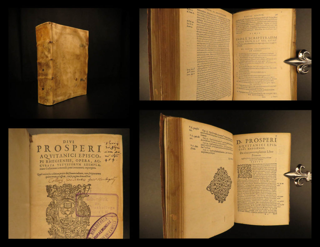 1577 saint prosper aquitaine saint augustine catholic doctrine grace douai rare | saint prosper of aquitaine was a 5<sup>th</sup>-century writer known for just a half-dozen works, all of which were inspired by the teachings of saint augustine. Prosper wrote on god’s grace, creation of the world and the history of the world, augustine’s theology and doctrine. One of his best works was “<em>liber contra collatorem</em>”, a response to john cassian focusing on the necessity of god’s grace.   this 1577 edition was published in douai by john bogardi. It was edited by joannes olivarius.