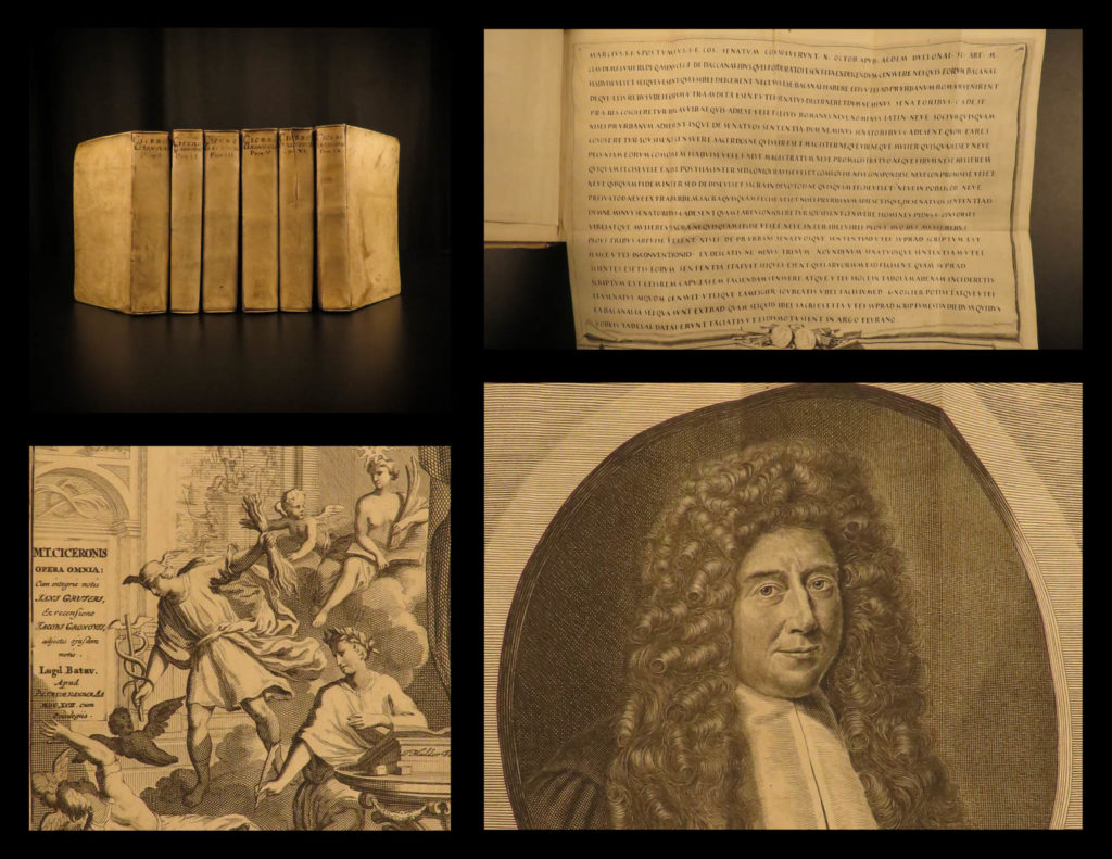 1692 works of cicero politics philosophy rome letters dutch jacob gronovio latin | <em>“a room without books is like a body without a soul. ” </em> ― marcus tullius cicero   cicero was one of the most notable and prolific roman figures of ancient rome. His philosophical works and letters are considered the most reliable source of information for the period leading up to the fall of the roman republic. The works of cicero have been published in numerous languages and formats from as early as the mid-15<sup>th</sup>-century. <em> </em> this latin set was published by peter van der aa in lyon in 1692 and was edited by the famous dutch scholar jacob gronovius. Gronovius included the contributions of janus gruterus and janus gulielmus.