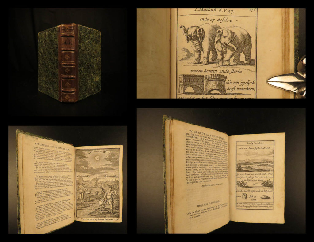 1736 dutch little holy bible 150 illustrated allegory art bybel amsterdam rare | a rare and rather unique 18<sup>th</sup>-century dutch bible. Known as the ‘<em>little print bible’</em>, this bible is a fully illustrated small volume, where <strong>each page of the bible is an engraving of bible scenes designed to teach dutch children how to memorize scripture</strong> passages and proverbs. First published in 1720, this book proved to be quite popular and saw numerous reissues throughout the 18<sup>th</sup>-century.   <strong>an impressive collection of 150 allegorical illustrations and bible scenes! </strong>
