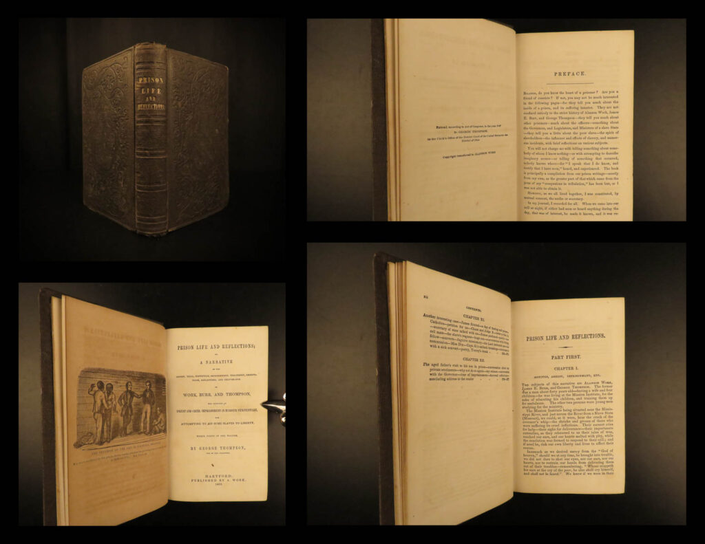 1853 1st ed missouri underground railroad military prison life slavery abolition | george thompson was a 19<sup>th</sup>-century british abolitionist who was one of the most important anti-slavery proponents in the united kingdom. His lecture tour carried him to the united states where he was met with staunch opposition. However, with the support of other abolitionists alanson work and james burr, thompson began aiding slaves across the mississippi river in missouri. This act put him in prison for twelve years – an event that would yield a book entitled ‘<em>military prison life and reflections</em>’.   this work is a foundational account of brutal prison life in the midwest and the corruption of the justice system when it came to slavery in america.