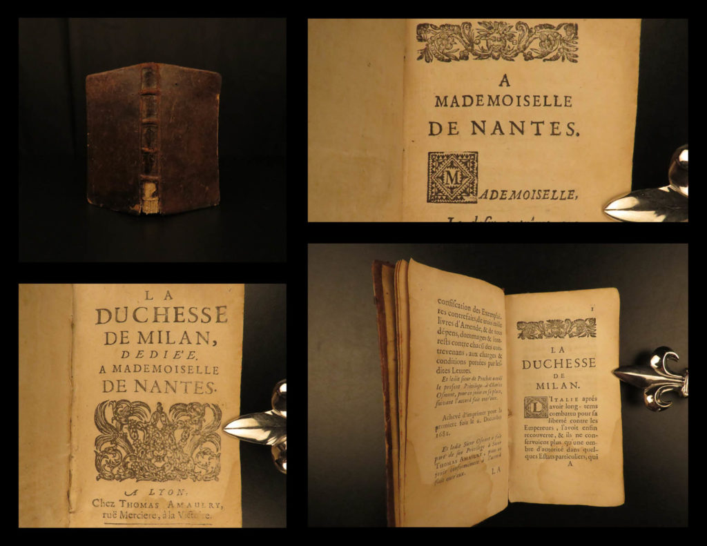 1682 1st & only ed duchess of milan by jean de prechac french literature italy | jean de prechac was a 17<sup>th</sup>-century french novelist known for his adventure novels and historical fairy tales. One of his lesser-known works was ‘<em>the duchess of milan’</em>. <strong>this 1682 was the first and only edition</strong> of prechac’s ‘<em>duchess of milan’</em> published by amaulry in lyon.