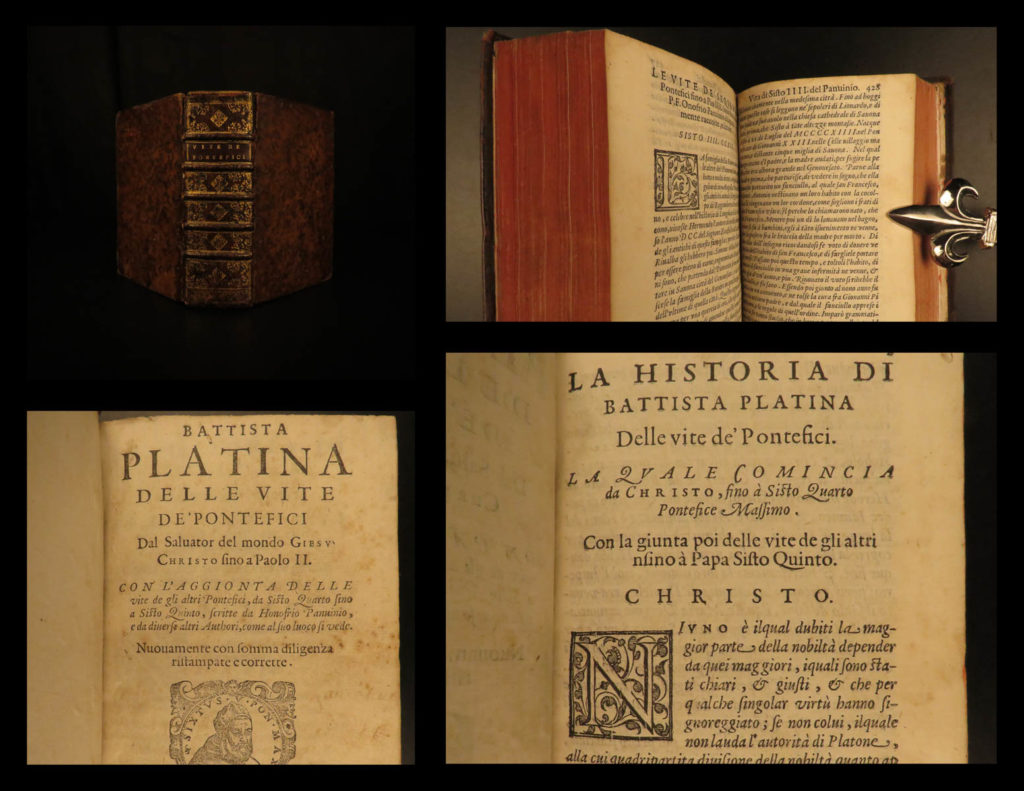 1590 popes lives platina catholic church sacchi italian panvinio venice medici | bartolomeo sacchi, or platina, was a 15<sup>th</sup>-century italian humanist who is most remembered for his book ‘<em>vitae pontificum</em>,’ or ‘<em>lives of the popes</em>. ’ ‘<em>lives’</em> was an important work dedicated to the papacy of important catholic popes, but platina wrote the work through the lens of roman history with obvious themes of paganism. This book was <strong><u>the first systematic handbook on papal history</u></strong> and praises the punishment of heresy throughout the catholic church. <em> </em> this 1590 edition of platina was published in venice by girolamo polo. This edition is notable for being revised and edited by onofrio panvinio.
