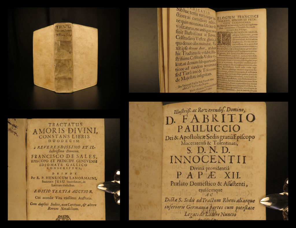 1697 francis de sales love of god geneva catholic mysticism cologne lamormain | francis de sales was a 16<sup>th</sup>-century catholic bishop from geneva and was a prominent voice during the unrest caused by the protestant reformation. While he is best remembered for his book ‘<em>devout life’</em>, he also wrote an important mystical treatise entitled ‘<em>the love of god’</em>. This book, like ‘<em>devout life’</em>, was written for the laity rather than the clergy of the catholic church. It was written to offer a model of god’s love during a time when little love was being shown throughout europe. <em> </em> this 1697 edition is quite rare and features the latin translation by heinrich lamormain, who translated it out of the original french.