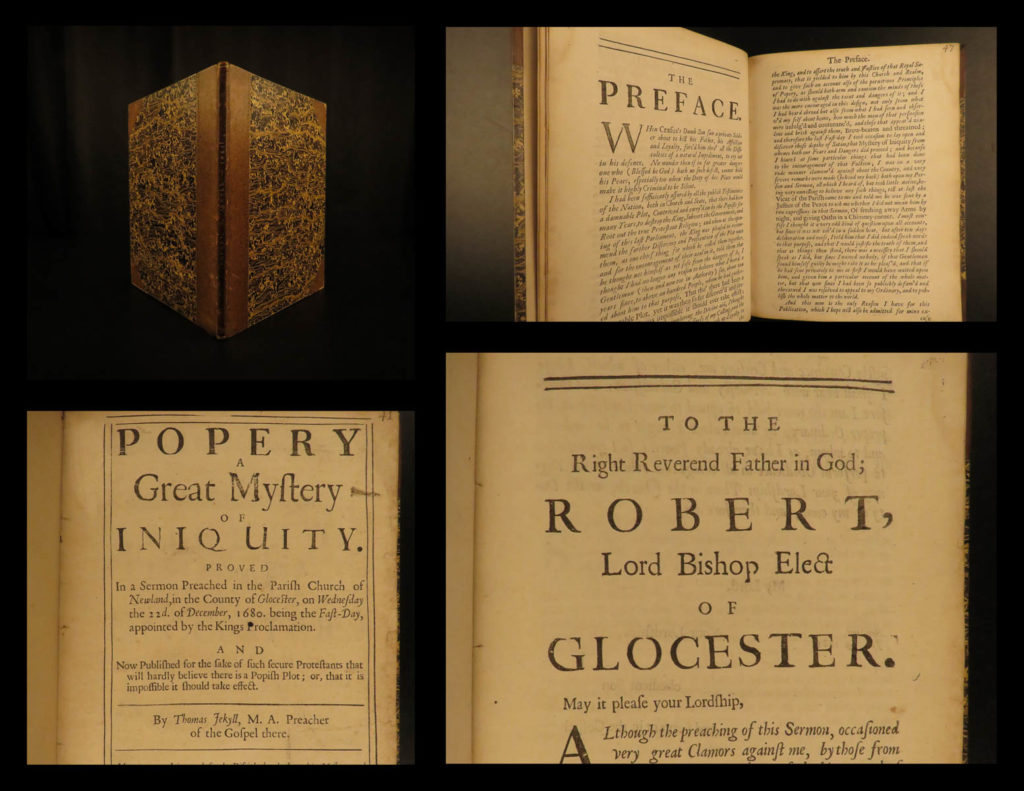 1681 popish plot 1ed sermon conspiracy charles ii jekyll mystery of iniquity | the popish plot was one of the two most iconic conspiracies of 17<sup>th</sup>-century england. Like the gunpowder plot, the popish plot alleged that members of the catholic church would assassinate king charles ii, something many protestants would not take seriously or understand.   after the popish plot dissolved in december of 1680 and numerous men were charged with treason, anglican preacher thomas jekyll preached a curious, anti-catholic sermon which was intended to instruct other protestants on the effects of such a conspiracy. This sermon was published the following year under the title ‘<em>popery, a great mystery of iniquity’</em>.