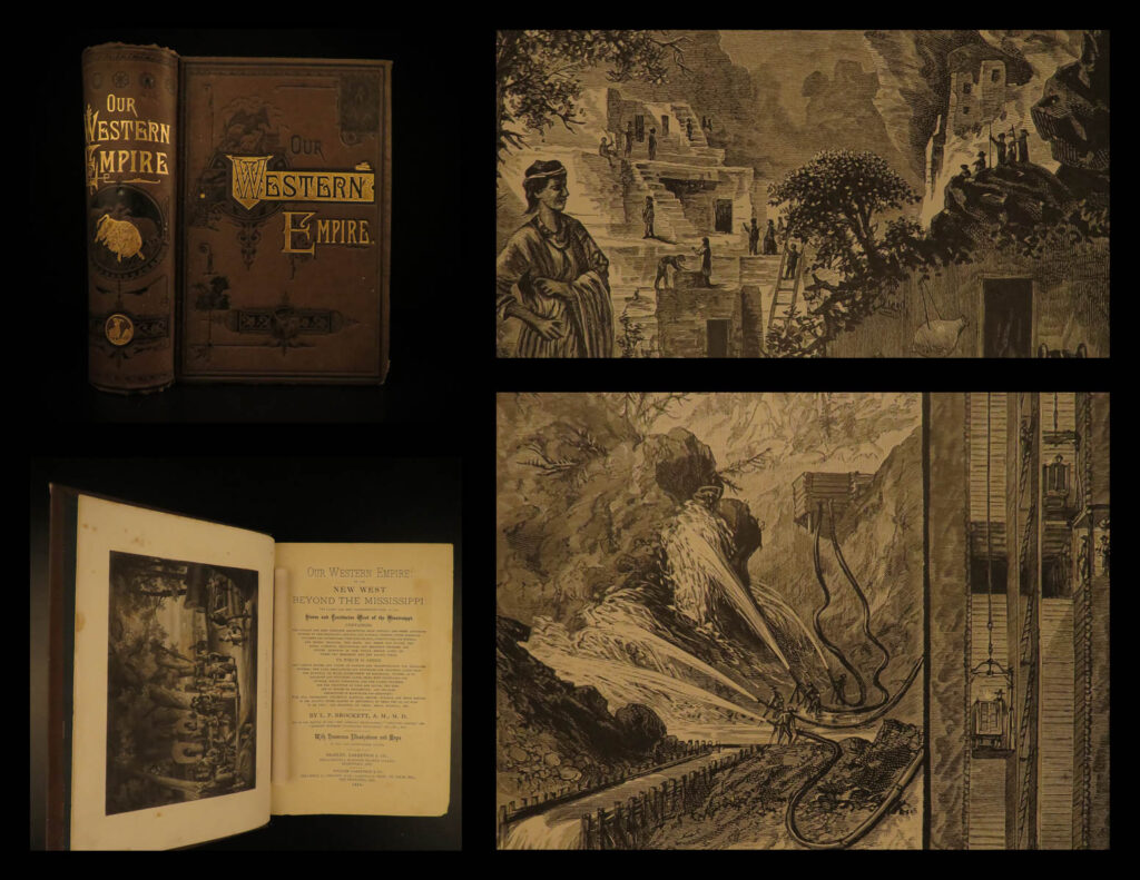 1882 our western empire america indians california gold mining atlas maps texas | ‘<em>our western empire</em>’ is a late 19<sup>th</sup>-century treatise on the development and expansion of the american west. Written by l. P. Brockett, this work is one of the most thorough descriptions of western migration – notes on plains and mountain animals, population trends, mining, farming, and extensive discussion on native american indians! One interesting part of this book, that differs from similar tomes, is the inclusion of information on specific states including a large chapter on california and indian territories.