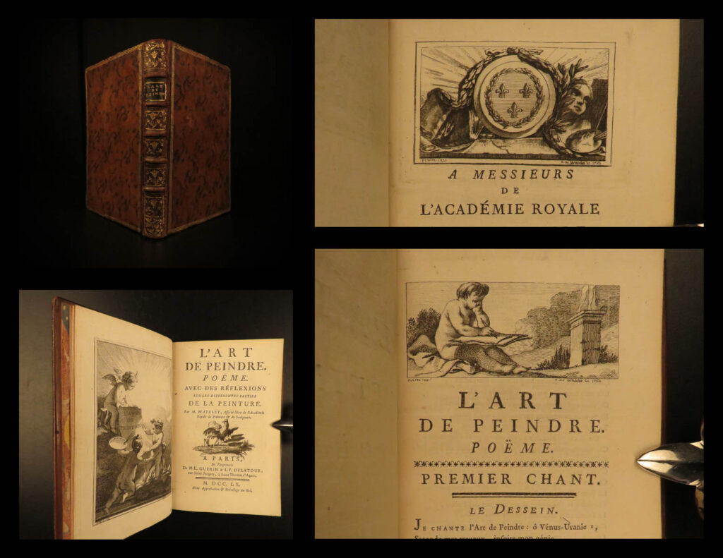 1760 art of painting 1ed by watelet illustrated poem da vinci michelangelo durer | claude-henri watelet was an 18<sup>th</sup>-century french painter who was much better known for his writings on art and painting. His most famous poem was ‘<em>l’art de peindre</em>’ or ‘<em>art of painting</em>’, a poem written to describe design, color, and the influence of art on poetry. The work itself consisted of illustrated sketches as well as descriptions of great artists such as albrecht durer, michelangelo, and leonardo da vinci.