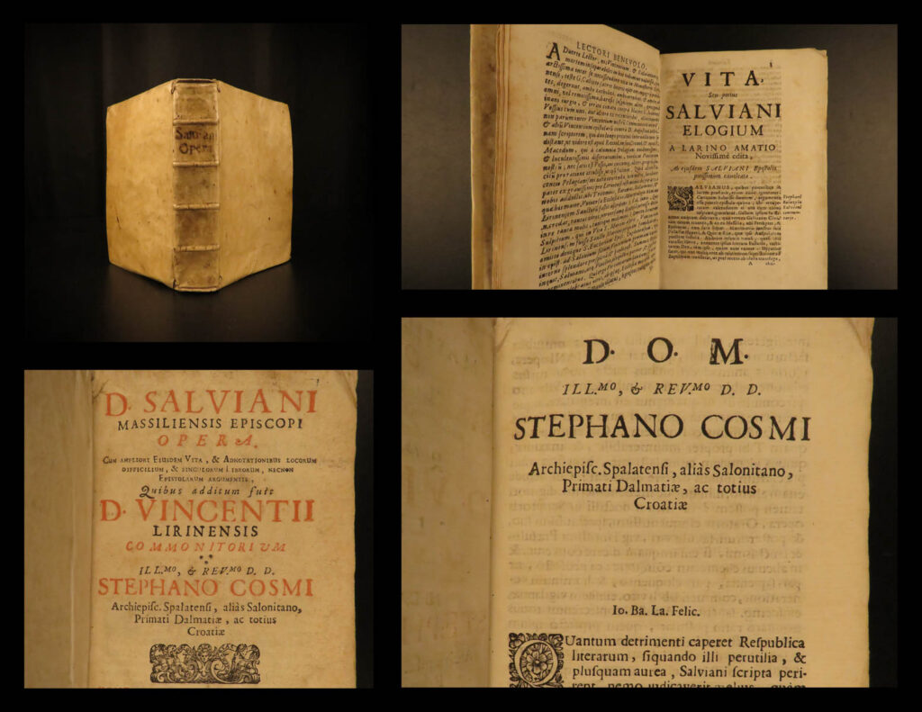 1696 fall of rome salvian gaul & vincent lerins early christian martyrdom rare | salvian was a <strong>5<sup>th</sup>-century writer</strong> who is primarily known for his two existing treatises. Salvian was a christian living in gaul during the fall of rome, and his most important work was dedicated to describing the events that lead to the fall.   this collection of the works of salvian was published in venice and includes the works of vincent of lerins, another 5<sup>th</sup>-century christian monk who wrote on roman martyrs and the heretical views of the papacy and early catholic church. This 1696 edition was collected and edited by italian cardinal, stephano cosmi, who was archbishop of spalato, italy at the time.