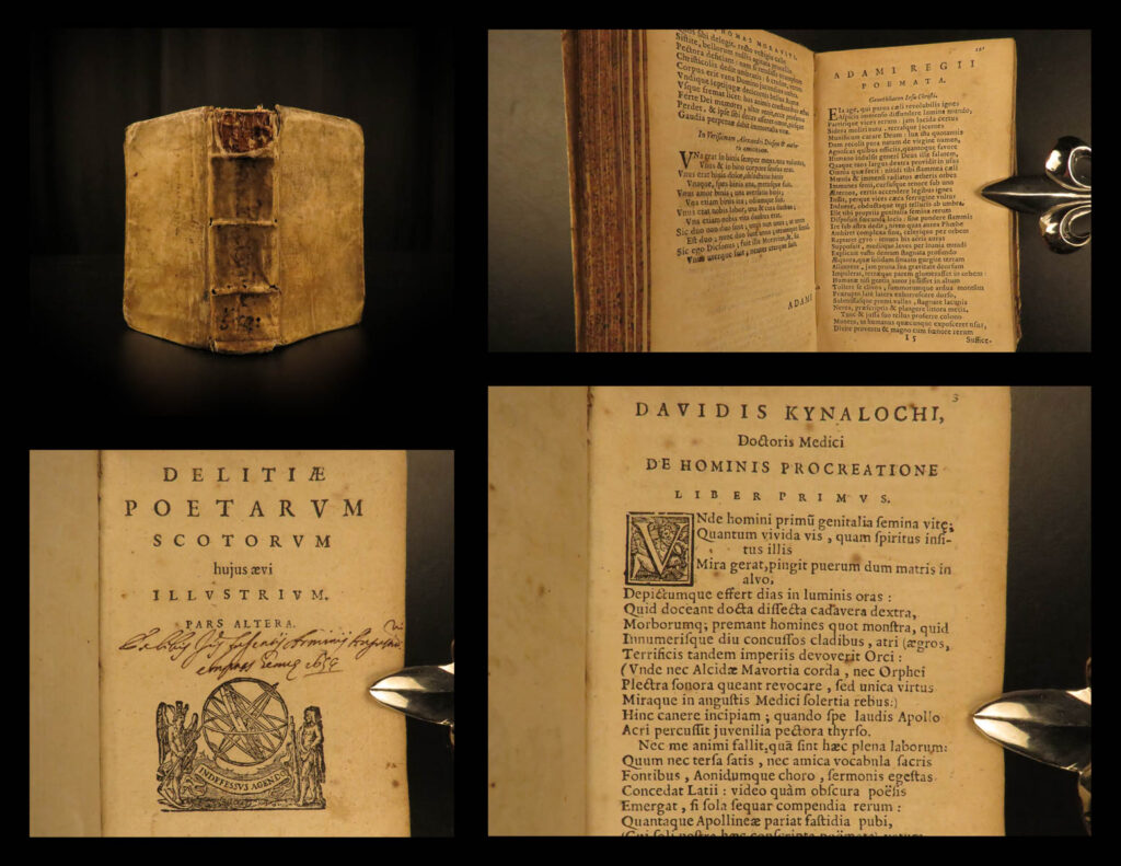 1637 rare scottish poetry 1ed jon scotstarvit florentius volusenus scotland delitiae | <em> </em> ‘<em>delitiae poetarum scotorum’</em> is an impressive, mid-17<sup>th</sup>-century collection of scottish poetry. Sir john scot of scotstarvit was a notable scottish politician who had been collecting ancient scottish poetry, and in 1620 he commissioned arthur johnston to edit these works and publish them as one complete anthology. Over the course of the next 17 years, johnston carefully collected these poems and many others into what became ‘<em>delitiae’</em>.   this 1637 first edition <strong>includes poetry of previously unknown scottish poets including david kinloch, andrew melvin, adam regius, john rosa, hercules rollocus, jon scotstarvit himself, and florentius volusenus. </strong>