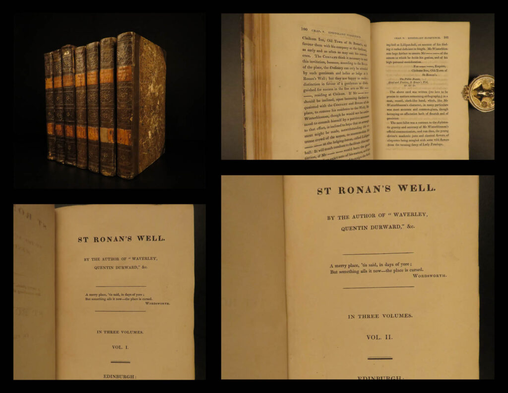 1822 1st eds scottish sir walter scott saint ronan’s well peveril of peak 7v set | sir walter scott was a scottish historical novelist, playwright and poet. Many of his works remain classics of both english-language literature and of scottish literature. These volumes are the true first scottish edition of scott’s famous books ‘<em>st. Ronan’s well</em>’ and ‘<em>peveril of the peak</em>. ’   scott's novel, <em>peveril of the peak</em> tracks the events of the popish plot of 1678, in which jesuits were accused of planning the assassination of king charles ii in order to make his roman catholic brother, the duke of york, king. Set during the time of the pretended popish plot (1678). "the author draws elaborate portraits of charles ii and buckingham, and gives glimpses of such historical characters as titus oates, colonel blood (the impudent revolutionary who tried to steal the crown jewels from the tower), and sir geoffrey hudson (henritta maria’s dwarf). " (oxford companion to english literature)   <em>st. Ronan's well</em> is a novel of social criticism and it is one of scott's most bitter and scathingly satirical novels. In fact, a scene in which a forced marriage is consummated was so unpleasant that the publishers forced him to alter his plot.   <strong>these seven volumes are the first scottish editions of both works printed in edinburgh. </strong>  