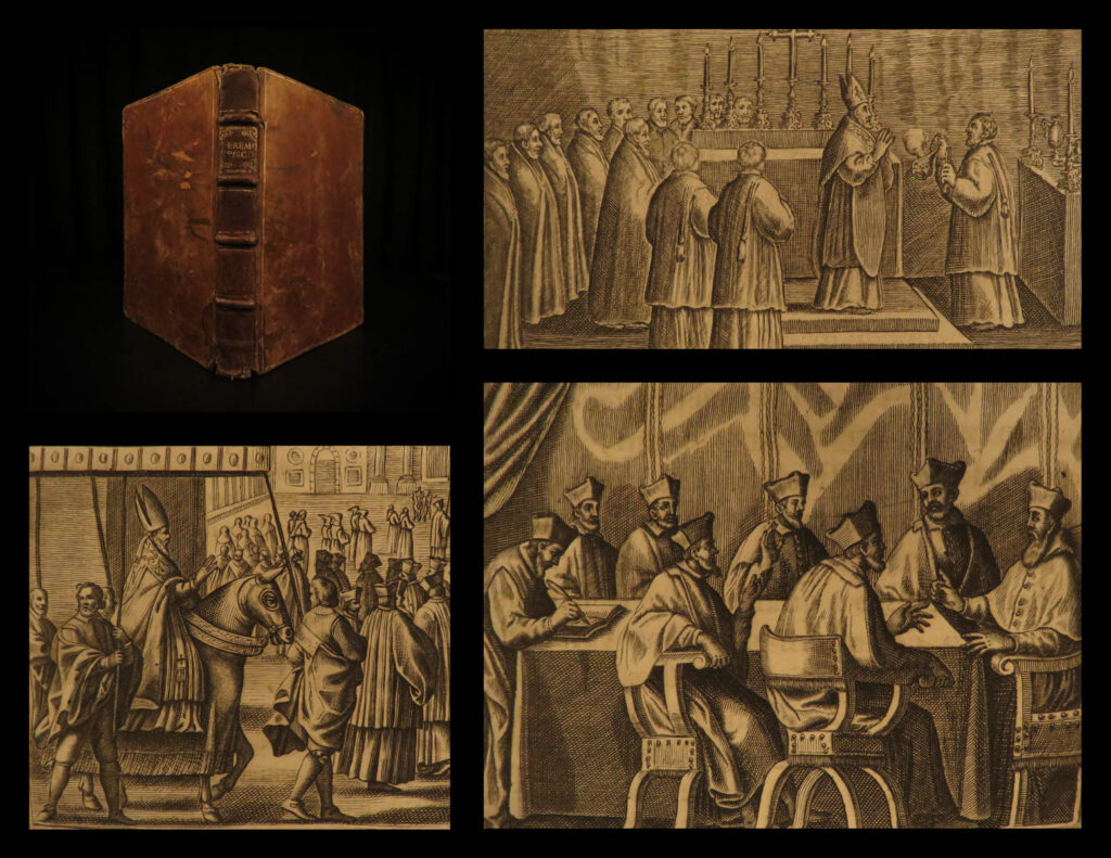 1651 rare 1st ed catholic ceremonial episcoporum pope clement viii innocent x | an important catholic liturgical work on descriptions of ceremonies of pope innocent x and pope clement viii. This book contains the details of episcopal functions such as confirmation and holy orders, making them out as rituals for the church. It provides an exact ‘order of service’ for each of the sacraments. These services were formally known as ‘<em>liber sacramentorum’</em>. These contents are depicted throughout in 68 engravings.   this 1651 printing is the first printed edition of this work, published by john burchard and augustine piccolomini, who were masters of ceremonies to the popes.