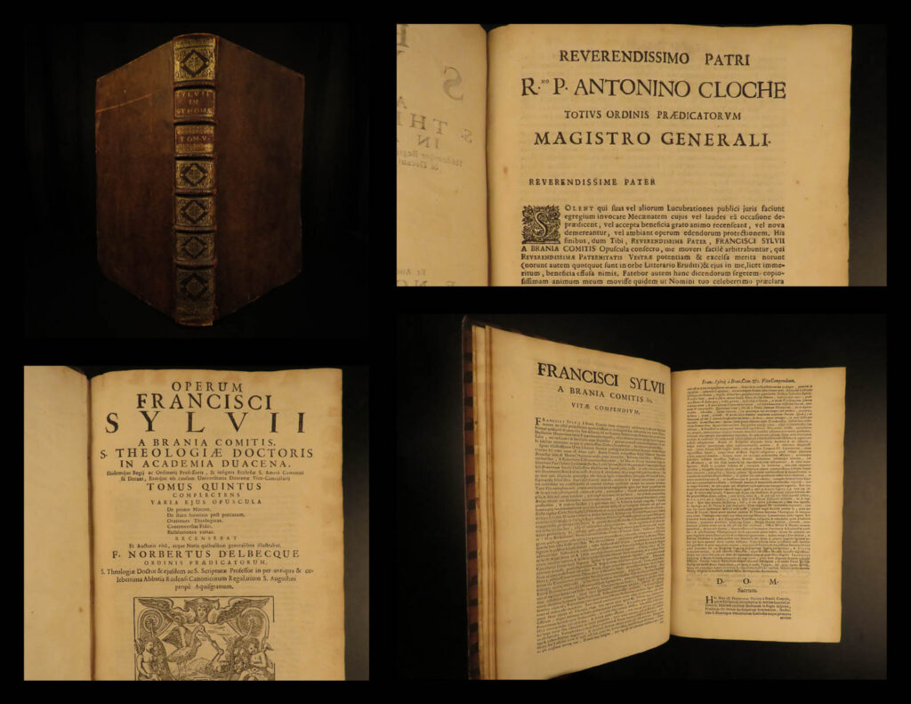 1698 summa aquinas 1ed francis sylvius commentary existence god catholic folio | <em>“the truth can be perceived only through thinking”</em> <em>― </em>thomas aquinas   franciscus sylvius was a 17<sup>th</sup>-century catholic writer who gained his reputation from his commentary on the ‘<em>summa’</em> of thomas aquinas. ‘<em>summa’</em> makes many strong arguments about theology and lawful living including the existence of god, being a monk, gaining divine knowledge. However, he wrote numerous other works all of which were influenced by his study of aquinas.   this folio volume includes several treatises including: <ul> <li>‘de primo motore’</li> <li>‘de statu hominis post peccatum’</li> <li>‘orationes theologicas’</li> <li>‘controversias fidei’</li> <li>‘resolutiones varias’</li> </ul>