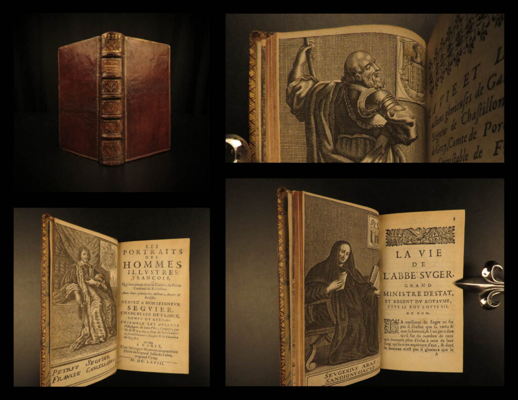 1668 vulson’s lives of illustrious men ambrose joan of arc pucelle gaston foix | marc vulson de la colombiere was a 17<sup>th</sup>-century french historian who is known for his biographical sketches of notable figures, priests, politicians, philosophers, and scholars. One of his best works was ‘<em>the lives of illustrious men’</em> – a work that includes those sketches. Vulson includes descriptions of famous men and women including: <ul> <li>joan of arc</li> <li>louis de la trimouille</li> <li>gaston de foix</li> <li>pierre terrail</li> <li>charles de cosse</li> <li>francois de lorraine</li> <li>blaise de montluc</li> <li>henry iv, france</li> <li>queen anne of austria</li> </ul>   this 1668 edition includes 26 full-page portrait engravings bound in fine, moroccan leather.  