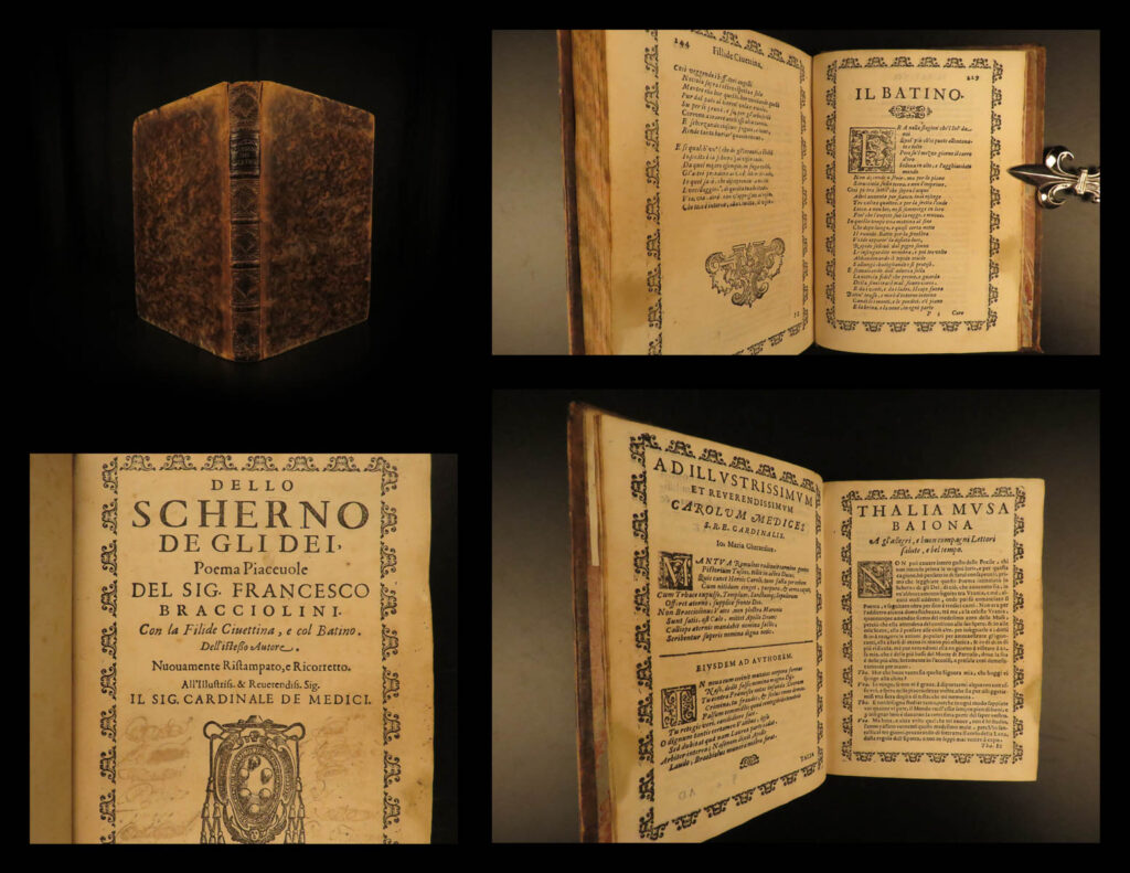 1625 italian renaissance bracciolini lo scherno degli of gods mythology tasso | francesco bracciolini was a italian renaissance poet known primarily for his poem ‘<em>lo scherno degli’</em>. This poem was a satirical work in which he mocked mythical gods and heroes in favor of the one true god. This poem reads as a parody and, according to kisacky, “is a defense of an orthodox interpretation of tasso”.   this 1625 florentine edition was edited by giovanni maria gherardi and features impressive ornamental border around each page.