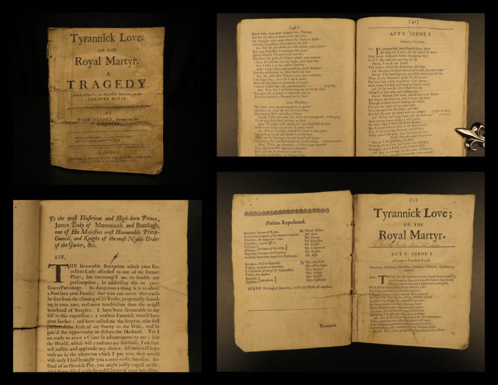 1670 john dryden 1ed tyrannick love saint catherine martyrdom emperor maximinus | john dryden, a 17<sup>th</sup>-century english author, was known for his famous translations of greek classics as well as his masterpiece ‘<em>tyrannick love’</em>. This play, first published in 1670, tells the story of saint catherine of alexandria’s martyrdom and the reign of emperor maximinus. Alexandria refused maximinus’s erotic advances and was ultimately put to death for it. Dryden tells this story in this play.