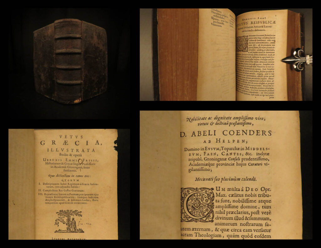 1626 greece 1ed ubbo emmius graecorum illustrata greek government elzevier law | ubbo emmius was a 16<sup>th</sup>-century german historian known for his works on historiography. He published an impressive and thorough history of greece entitled ‘<em>vetus graecia illustrata’</em> and was written as an essay on the forms of government in every commonwealth in greece. The third volume of this work was the most desirable, which is included in this single-tome edition published in 1626 by elzevier.
