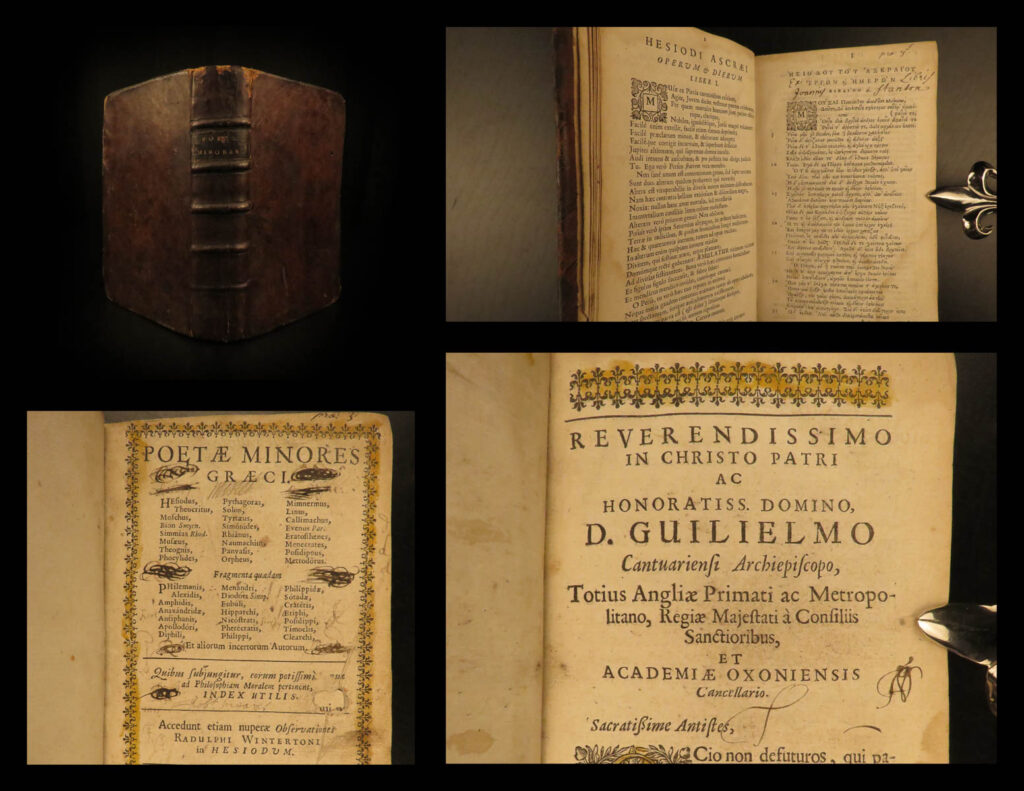 1652 greek poetry hesiod pythagoras theocritus phocylides greek latin cambridge | ‘<em>poetae minores graeci</em>’ is an 17<sup>th</sup>-century collection of ancient greek poetry. Published in 1652 cambridge, this book includes the works of hesiod, theocritus, moschus, phocylides, and pythagoras! This fine edition was edited by ralph winterton and includes both latin and greek texts in parallel pages.