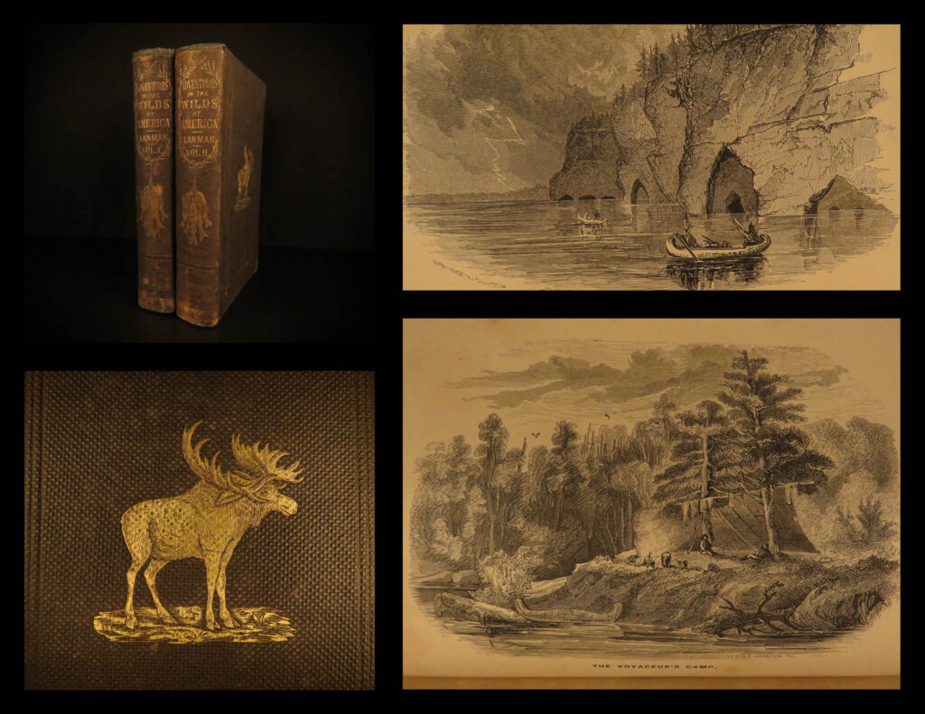 1856 1st ed lanman adventures in wilds america florida canada hunting travel | charles lanman’s “adventures in the wilds of the united states” is a brilliant, mid-19th-century account of his travels across america. It is one of the best travelogues to describe the middle part of america, from florida to the mississippi river into southern canada. Lanman condensed a number of his earlier works into this first american edition – notes on angling in canada, hunting in quebec, and discovery of the source of the potomac river. It should be noted that this first american edition includes material not included in the first british edition and features 12 full-page engravings.