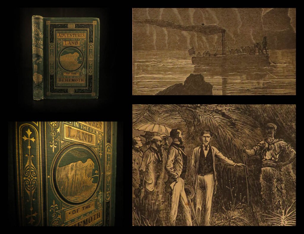 1874 1ed jules verne behemoth meridiana africa adventure voyages illustrated | <em>“reality provides us with facts so romantic that imagination itself could add nothing to them. ” </em> <em>― </em>jules verne <em> </em> in 1873, scribner’s published the first authorized edition of jules verne’s famous ‘<em>meridiana’</em> or ‘<em>adventures of three russians and three englishmen in south africa</em>’. This book, which is part of verne’s ‘<em>extraordinary voyages</em>,’ is “a hunting story, which aroused many a youthful sportsman’s throbbing eagerness for the chase and gave him this first knowledge and earliest enthusiasm for that heart-stirring excitement. ” (myers) this adventures story follows the story of english and russian scientists who head to south africa for research. While on their mission, the crimean war begins, and the researchers find themselves to be enemies of locals. <em> </em> this 1874 printing was unauthorized and pirated by shepard and printed under a different title – ‘<em>adventures in the land of the behemoth</em>’. Shepard used sheets from the british edition published by sampson low in 1872; and unfortunately, the texts of this edition and the first authorized scribner translation are drastically different. <em> </em>