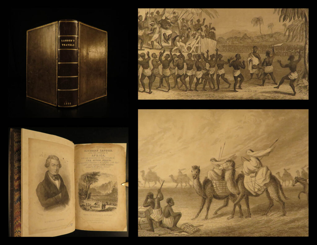 1836 africa 1ed lander niger river exploration illustrated maps slavery | richard lander was an english explorer who made his name for his voyages into africa. After nearly a decade of african voyages, the british government sent richard and his brother john in 1830 to explore the niger river. While at the river delta, they were captured by local tribes for a short time. Their voyage did yield grand results – they discovered the niger river course and outlets.   the specifics of the journey were written and published under various titles, including ‘<em>the travels of richard and john lander’</em>. This work is a fascinating account of african culture, geography, and 19<sup>th</sup>-century exploration. This 1836 first edition includes nine fine, full-page engravings, including maps and views of local tribes.