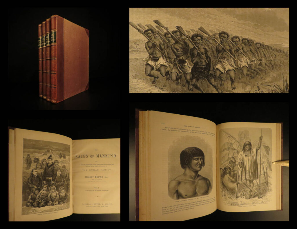 1873 1ed races of mankind eskimos indians navajo japan china africa illustrated | robert brown’s “<em>races of mankind</em>” is a late 19<sup>th</sup>-century masterpiece of descriptions of the people of the world. First published in 1873, this book covers people groups from china, burma, japan, india, polynesia, south africa, peru, and america – most notably eskimos and native american indian tribes such as: <ul> <li>mohicans</li> <li>comanche</li> <li>apache</li> <li>navajo</li> <li>seminoles</li> <li>choctaws</li> <li>indians of california</li> </ul>