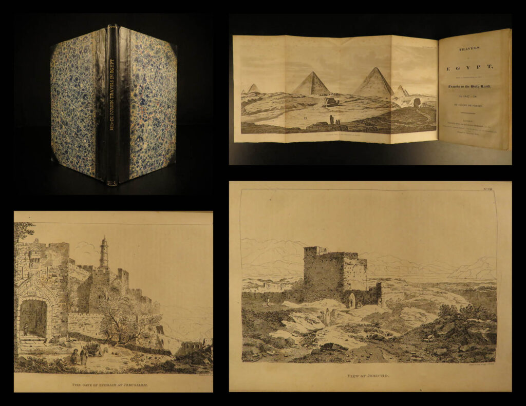 1819 1st ed forbin travels in egypt levant voyages pyramids sphinx jerusalem | nicolas philippe de forbin was an early 19<sup>th</sup>-century french historian and art antiquary, who, in 1817, set out on a voyage to the levant to view, study, and acquire ancient pieces of art. The voyage took forbin and his traveling party to the holy land and jerusalem, syria, athens, constantinople, and even the dead sea.   his journal of the excursion covers his discoveries giving special attention to the egyptian pyramids and the great sphinx. This undated first english edition includes impressive sketch illustrations of ruins, the temple of karnak, ruins of ancient jericho, castle at cairo, the pyramids at giza, and the ancient walls of jerusalem. A highly desirable work of middle eastern voyages!