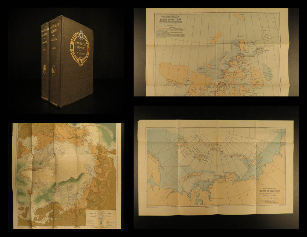 1897 arctic 1ed farthest north nansen polar eskimo kayak hunting fram expedition | fridtjof nansen was a norwegian arctic scientist who voyaged throughout the north and was one of the most famous polar explorers of the 19<sup>th</sup>-century. During the fram expedition, he encountered large eskimo populations, learning from them and their nomadic tendencies in the new siberian islands, in search of the north pole. Nansen made extensive records of this journey which were published under the title ‘<em>farthest north’</em>.