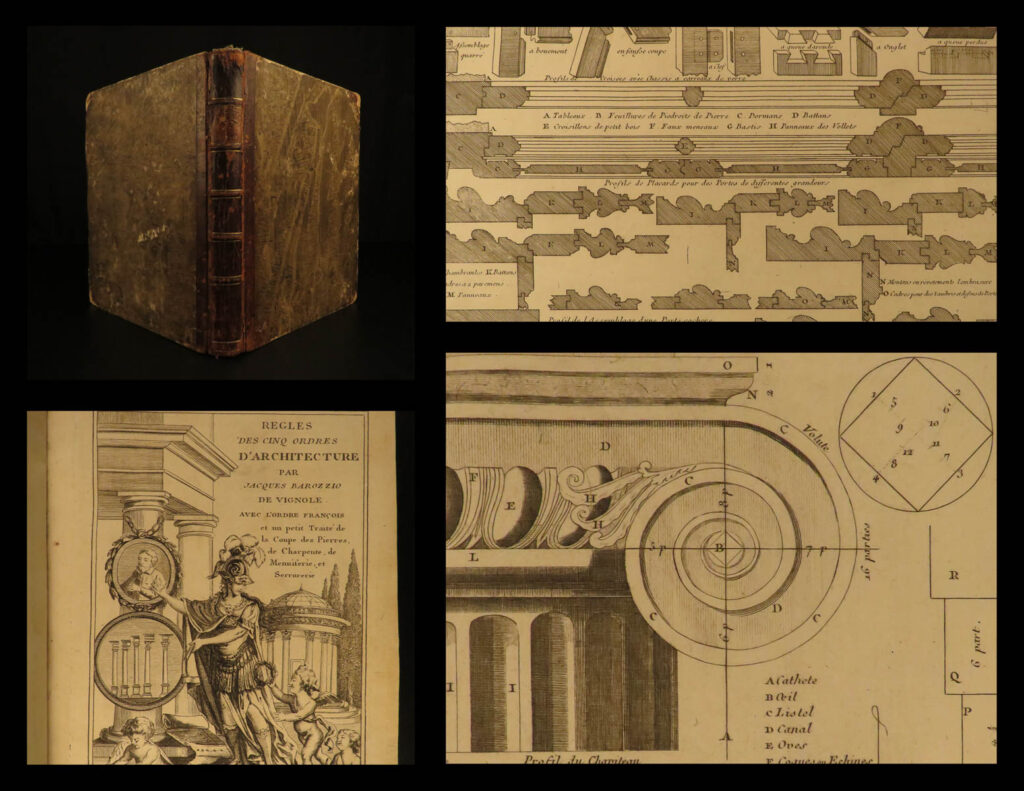 1790 five orders architecture vignola italian art michelangelo rare french ed | <strong><u>the most successful architectural textbook ever written! </u></strong> <em> </em> a rare printing of vignola’s ‘<em>five orders of architecture’</em> giacomo da vignola was perhaps the most important 16<sup>th</sup>-century architects. Originally printed in 1562, ‘<em>regola</em>,’ as it is often called, was successful mainly due to its effectiveness in teaching. It was designed to aid builders and designers in the realization of their architectural projects. It focuses on all five of the major orders (or styles) of architecture – doric, ionic, corinthian, tuscan, and roman. (fabrizio)   this 18<sup>th</sup>-century french edition includes <strong>84 impressive architectural engravings</strong> and features a short treatise on stone cutting and carpentry, as well as lessons on the work of vignola by claude delagardette.