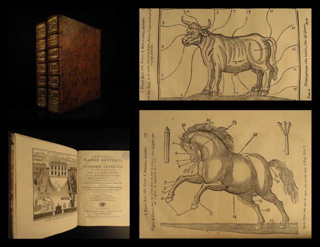 1775 liger rustic house bees beekeeping hunting wine cuisine rustique falconry | louis liger was a prominent 17<sup>th</sup>-century french writer known for his works on flora and fauna. He is chiefly remembered for his major work ‘<em>nouvelle maison rustique</em>,’ or ‘<em>the new rustic house. </em>’ originally titled ‘<em>general economics of country goods</em>,’ this work went through dozens of editions and reissues following its initial release in 1700. This work covers all aspects of rural life in an encyclopedic form including hunting, gardening, fishing, falconry, wine making, beer brewing, cooking, and bee keeping.   this two-volume 1775 edition is filled with 38 fascinating full-page and folding plates alongside 32 in-text woodcut engravings.