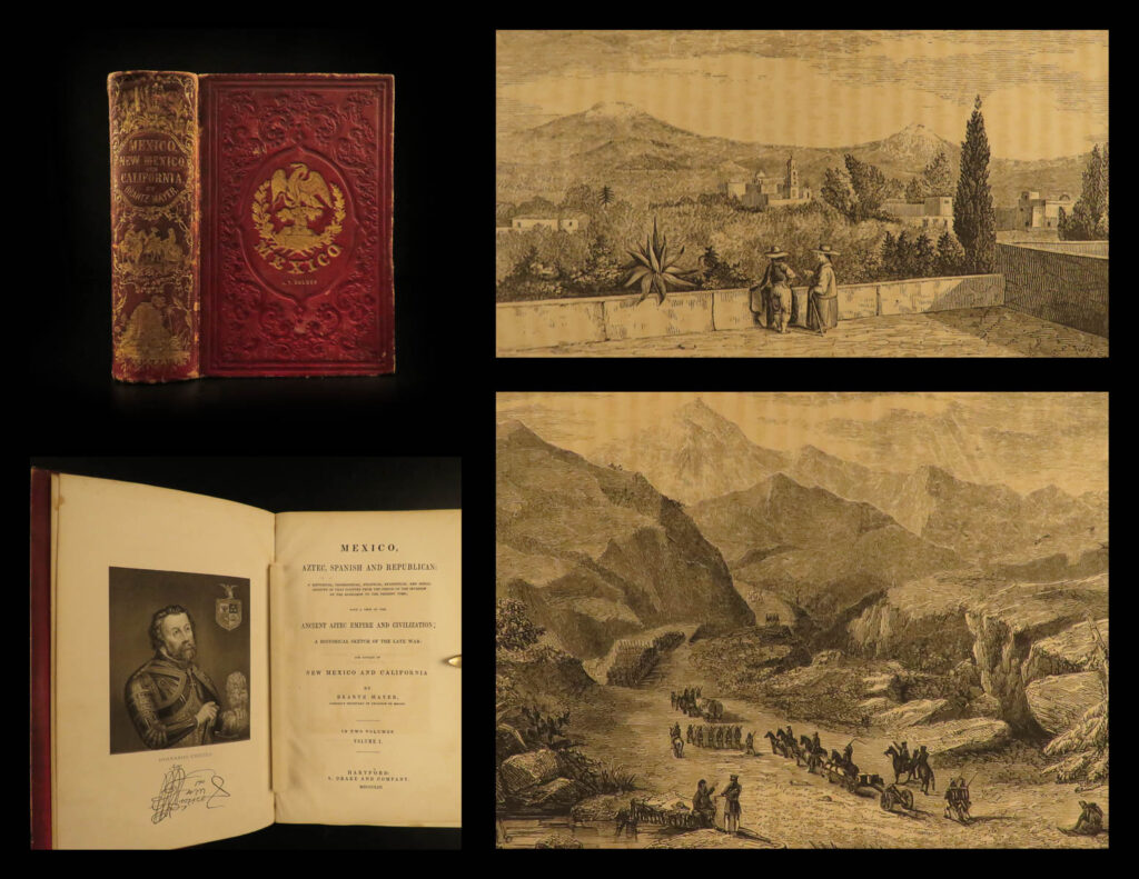 1853 mexico & california aztec spanish mayer santa fe nevada indians voyages 2v | brantz mayer was a 19<sup>th</sup>-century american diplomat to mexico and secretary of us legation to mexico. While his political career was important, he is best remembered for his book on the history of mexico and the aztec people. This work includes a great deal of information on new mexico and california, which was especially pertinent to those americans migrating west in search of gold! This 1853 edition of ‘<em>mexico’</em> is two volumes bound in one and features an impressive set of full-page and in-text illustrations depicting landscapes, views of santa fe, san francisco bay, sierra nevada, volcano of jorullo, plants, local ‘indians’, and much more.