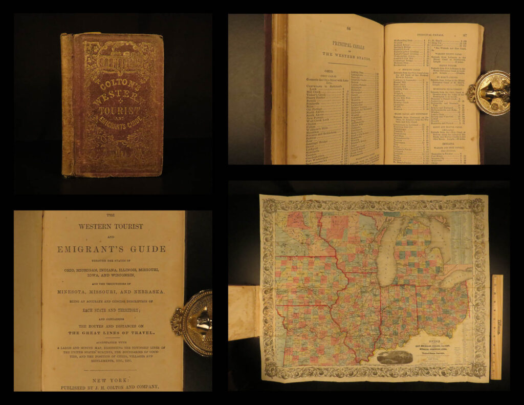 1854 huge map colton’s western tourist emigrant's guide americana california | j. H. Colton founded an american mapmaking company in the early 1830s which became an international leader in the map publishing industry until 1890. Colton created railroad maps, immigrant guides, elaborate atlases, and more all printed using engraved steel plates, which produced higher quality prints than maps made with less costly wax engravings, which were often separately hand water colored. And were recognized for their decorative borders.   j. H. Colton’s ‘<em>western tourist and emigrant's guide</em>’ is an important 19<sup>th</sup>-century geographical book with an enormous folding map of the american ‘west’ including ohio, missouri, indiana and wisconsin. According to howes, this work includes descriptions and material on california, oregon, and texas, with overland routes and westward expansion.