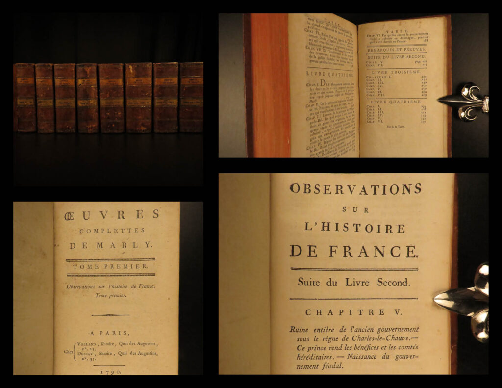 1790 rights of man 1ed mably duties citizen philosophy french revolution 8v set |   gabriel bonnot de mably was a french philosopher and historian who is most-known for his diplomatic writings and letters. He wrote works on the history of the greeks, romans, polish, french, early united states history, phoenicians, and much, much more. <strong>this 1790 set of the complete works of mably was printed in eight distinct tomes with all 21 volumes. </strong>   this set also includes mably’s most important work ‘<em>the rights of man and duties of citizens</em>’. In this work, mably warned france against events that would later develop during the french revolution! Many of the concepts found in this work would contribute to what would be communism, though his writings were aimed toward and appealed to the poor.