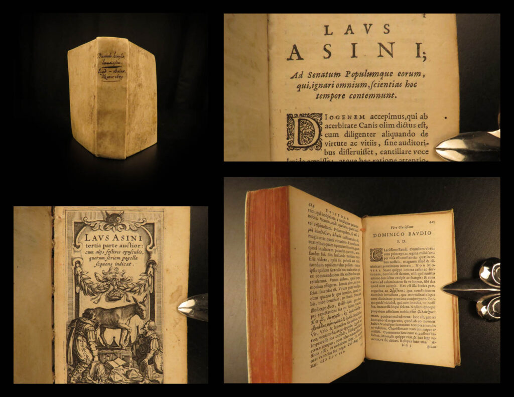 1629 golden ass laus asini by daniel heinsius parody humor elzevier latin | most known for his editions of classical scholars, daniel heinsius, wrote a curious collection of spoof essays in which he did not even sign his own name. Published as ‘<em>laus asini’</em>, this work parodied scholarly studies, but because of the humor in this work and the well-written nature of the essays, ‘<em>laus asini’</em> was highly popular, and the anonymity of the work was quickly abandoned.   this 1629 elzevier edition still lacks the heinsius authorship and is a notably valuable and desirable edition. Authorship confirmed by willems and goldsmid.