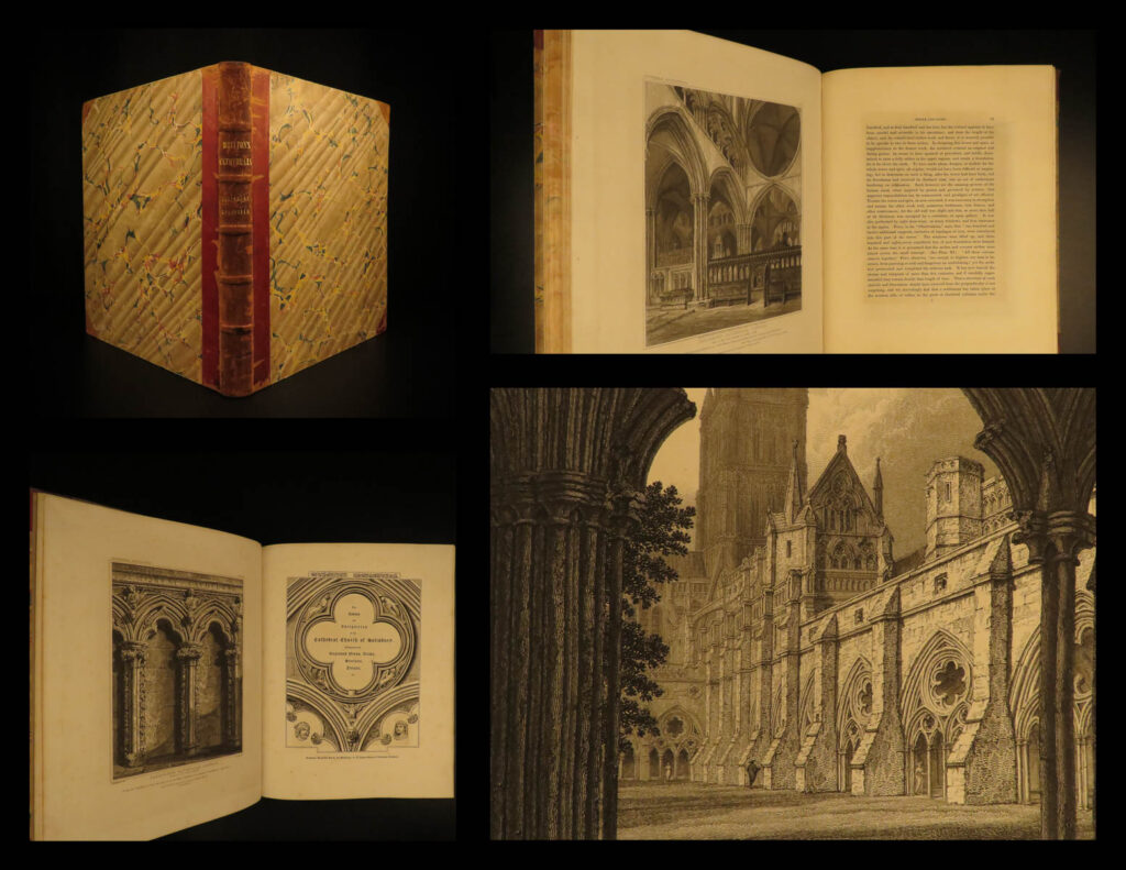 1814 1st ed salisbury lichfield cathedral church illustrated church of england britton | a rare 1814 printing of an historical account of the cathedral at salisbury by john britton. This richly illustrated work features 48 impressive, full-page engravings depicting various views of the cathedral church, floor plans, architecture, archways, statues, and relics. This example is bound with a similar treatise of the cathedral at lichfield, 1820, which also includes full-page views.