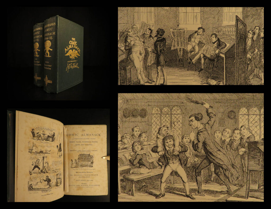 1881 george cruikshank comic art almanack caricature thackeray illustrated humor | george cruikshank was one of england’s best and most notable 19<sup>th</sup>-century caricaturists and book illustrators. <em> </em> the ‘<em>comic almanack</em>’ is a collection of 19<sup>th</sup>-century tales and poems etched by george cruikshank. This work includes the works of famed authors such as thackeray, albert smith, the brothers mayhew, robert brough and gilbert a'beckett. “in 1835 cruikshank issued the first number of the ‘comic almanack,’ with a dozen ‘right merrie’ cuts (etchings) ‘pertaining to the months’ by himself, and a few minor embellishments. Sometimes the letterpress was supplied by distinguished contributors. To the issue for 1839 thackeray contributed ‘stubb’s calendar, or the fatal boots,’ to be followed in 1840 by ‘barber cox, and the cutting of his comb,’ afterwards called ‘cox’s diary. ’” (dnb).   this undated edition contains hundreds of illustrations, many of which are folding.