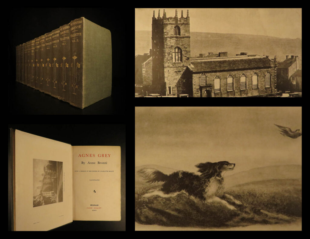1907 bronte sisters novel jane eyre agnes grey wuthering heights illustrated 12v | <em>“happiness quite unshared can scarcely be called happiness; it has no taste. ”</em> <em>― </em>charlotte brontë <em> </em> the brontë sisters produced some of the most famous and popular novels of the 19th-century including jane eyre, by charlotte. This 1907 edition contains novels by all three sisters, with their most famous novels including agnes grey, jane eyre, wuthering heights, and more!   this 1907 edition includes gravure frontispieces and is bound in a green cloth stamped in gilt with art nouveau flower decoration.