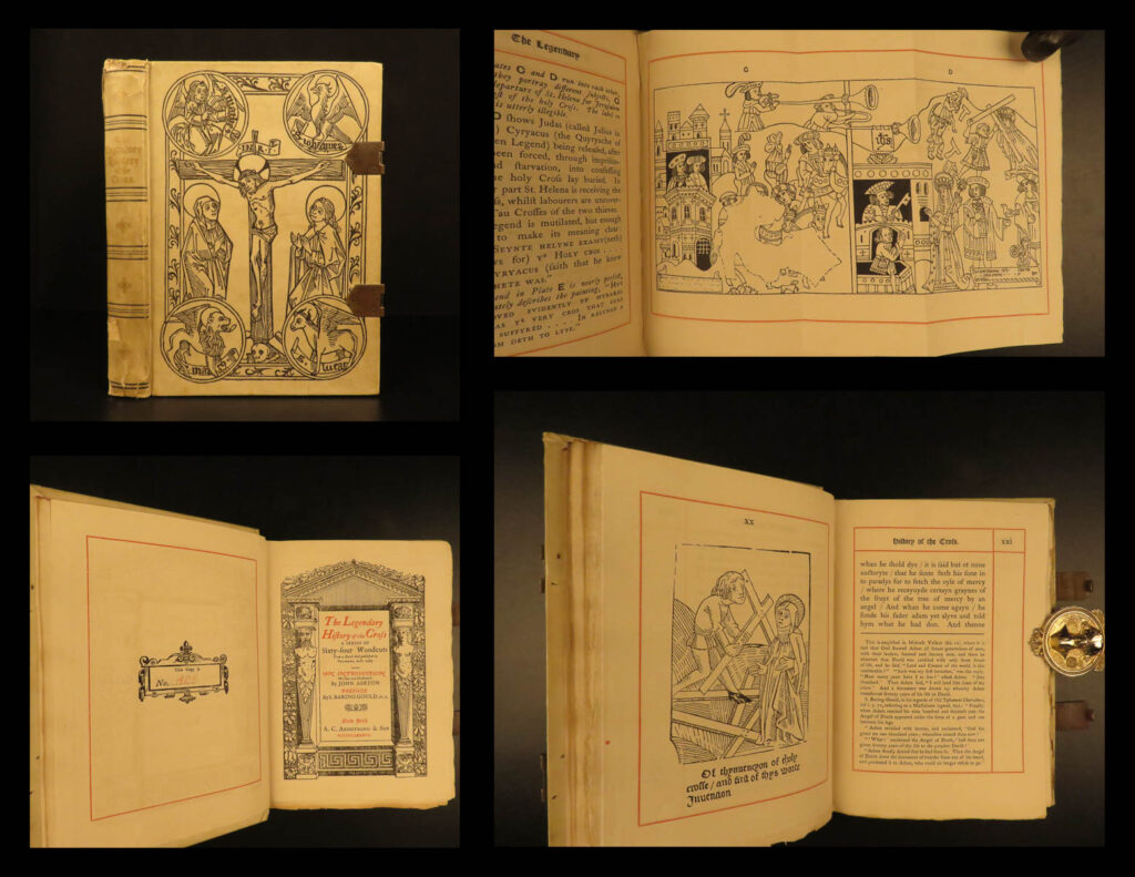 1887 golden legend of the cross medieval woodcut illustrations veldener caxton | a beautiful 1887 edition of veldener’s printing of ‘<em>golden legend on the finding of the holy cross’</em>. This work includes william caxton’s english translation as well as <u>64 impressive illustrations from fisher fresco paintings</u> from the chapel of trinity church in stratford england. The original 15<sup>th</sup>-century work was written by an unknown author; though, the decorative veldener printing was much desired. The illustrations are known to be reproduced from the 1483 original edition of the ‘<em>golden legend’</em>.   notes and prefatory material of john ashton and baring gould. Ashton covers the legend itself, depicting types of miracles, raising people from the dead, healing the sick, and oddly making ‘black people become white’!   this 1887 edition was published by unwin and bound in a decorative binding, in the style of 15<sup>th</sup>-century masters.