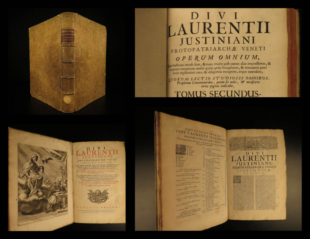1721 saint lawrence justinian catholic bishop of medieval venice sermons folio | saint lawrence justinian was a 15<sup>th</sup>-century catholic bishop of venice who was an important catalyst in the promotion of catholic constitutions. His written works were extensive. He wrote several episcopal sermons, biographical sketches on saints, apostles, preachers, martyrs, and evangelists, as well as treatises on various religious topics including the passion and resurrection of christ, living in humility and obedience, spiritual formations, and living in solidarity.   this 1721 folio edition of the works of saint lawrence giustiniani was published in venice bound in vellum.