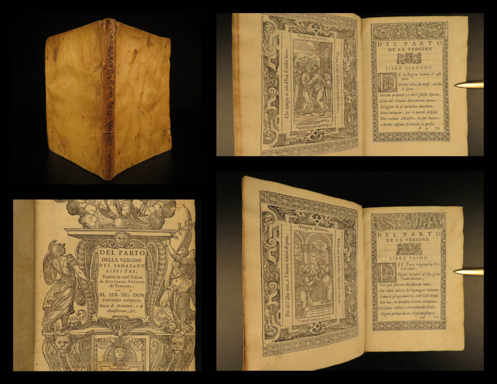 1588 sannazaro italian renaissance poetry della vergine venice giolito woodcuts | an exquisite 16<sup>th</sup>-century printing of the poetry of italian author jacopo sannazaro. Sannazaro, a 15<sup>th</sup>-century naples native, wrote in both latin and italian, but his italian prose set the foundation for other poets to use italian as their preferred literary language. Venetian publisher gabriele giolito was, too, an important force in establishing italian as a primary printing language. In fact, he was the first major publisher to prefer the vernacular italian to latin when it came to printing.   the pairing of these two individuals makes this work an icon of italian literature. This 1588 edition was published in venice and features beautiful text borders and four full-page woodcuts.