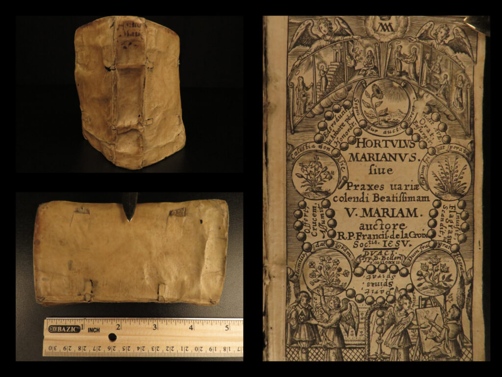 1622 mary hortulus marianus catholic church douai doway la croix miniature | ‘<em>hortulus moranius’</em> is a rare, early 17<sup>th</sup>-century iconic catholic liturgy filled with instructions on proper prayer and devotions. Written by francois de la croix, this book provides practices for kneeling, mendication and begging, meditation, achieving purity, and effective contemplation.