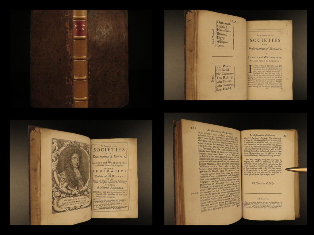 1699 reformation of manners 1ed anglican josiah woodward ethics moral penal laws | josiah woodward was a 17<sup>th</sup>-century english anglican clergyman who spent much of his career teaching on moral and behavioral reforms. In his book ‘<em>reformation of manners in london’</em>, woodward describes his methods for eliminating profanity, swearing, debauchery, drunkenness, and such from people’s lives, particularly those in the church.   this 1699 edition of woodward features blackletter font throughout as well as a section entitled ‘<em>abstract of the penal laws</em>’.