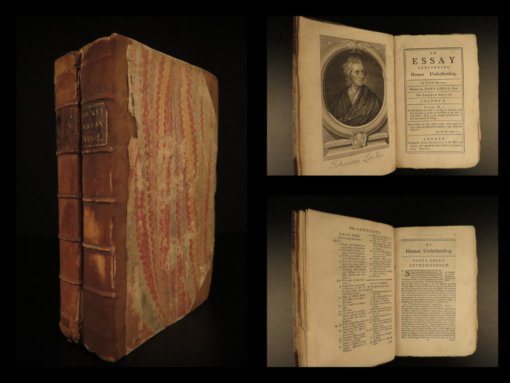 1741 john locke essay concerning human understanding philosophy tabula rasa 2v | <em>“i have always thought the actions of men the best interpreters of their thoughts. ” </em> – john locke   after studying medicine under the teaching of thomas sydenham, john locke began his journey of philosophical thinking that would develop into his most famous written work. ‘<em>an essay concerning human understanding,</em>’ is one of the most important books on the development and cultivation of human understanding and knowledge. It is in this work that locke first describes the idea of ‘blank slate’ of the mind or ‘tabula rasa. ’ locke’s ‘essay’ is known to have directly influenced famous philosophers such as david hume and george berkeley.   this rare 1741 two-volume edition was published in london and features a portrait of locke.