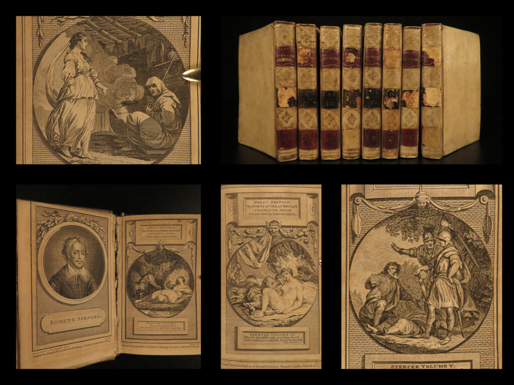 1778 fairy queen edmund spenser poetry faerie queene vellum 8v set w/ provenance | <em>“for there is nothing lost, that may be found, if sought. ” </em> ― edmund spenser,<em> the faerie queene</em> <em> </em> edmund spenser is one of the most well-known 16<sup>th</sup>-century english poets. His most-famous poem, ‘<em>the faerie queene’</em> is one of fantasy and allegory that celebrated the tudors and queen elizabeth. Spenser explores human emotion, consciousness, and conflict and drew much of his influence from italian greats ariosto and tasso. He embodied elizabethan values and british history, but he also wanted to have literary freedom balancing history and myth. Samuel johnson was well-versed with ‘<em>the faerie queene’</em> as it was a ‘useful source for obsolete and archaic words’ as he was organizing his ‘dictionary’.   this 1787 edition of the poetical works of spenser was published as part of john bell’s edition of ‘<em>the poets of great britain</em>. ’ this set featured ‘<em>the faerie queene’</em> as well as a fine biographical sketch of spenser himself.