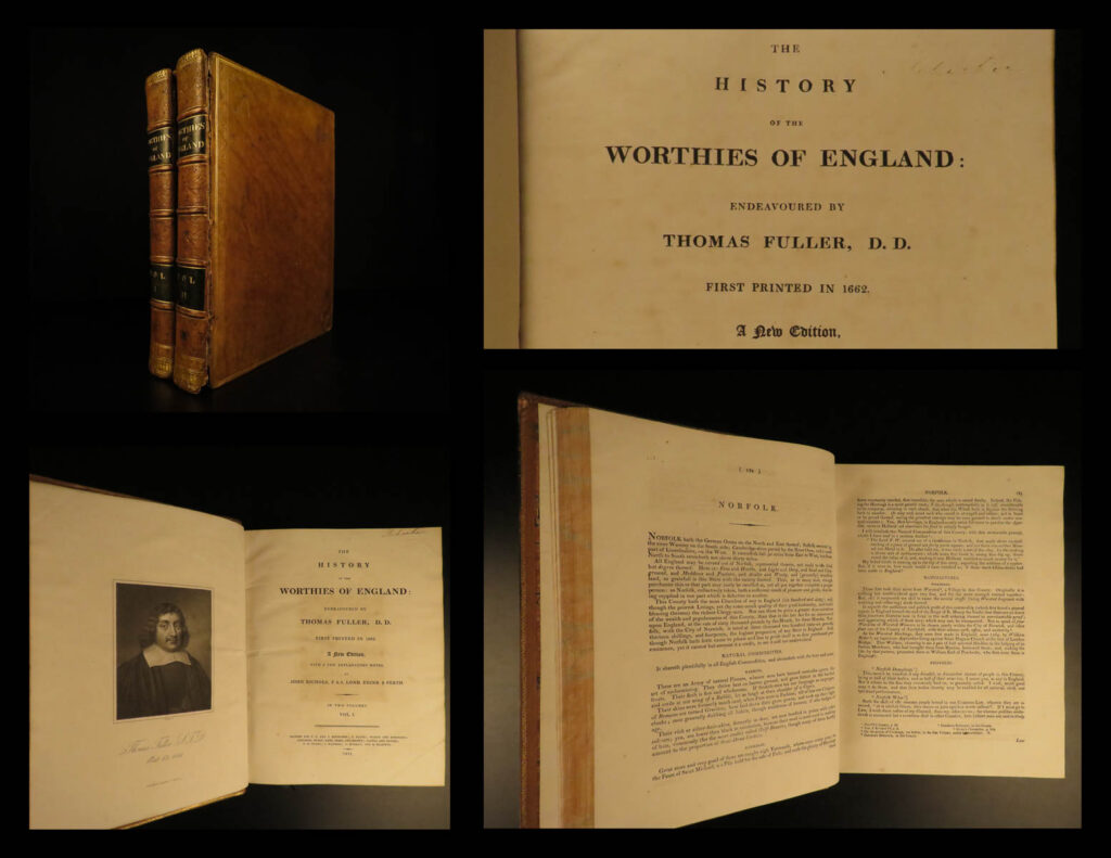 1811 worthies of england 1st ed thomas fuller history of britain john nichols 2v | <em> </em> thomas fuller was a 17<sup>th</sup>-century english historian who particularly notable for his historical accounts of english worthies and the church of england. In 1662, fuller’s “<em>worthies of england</em>” was published, a book which would become <strong>one of the most iconic books of english history even into the 19<sup>th</sup>-century</strong>. This book discusses the physical boundaries of english towns and counties, notable figures and martyrs, antiquities, buildings: cathedrals, and general observations.   in 1811, john nichols reissued fuller’s masterpiece, updating the landscape of each of the british communities.