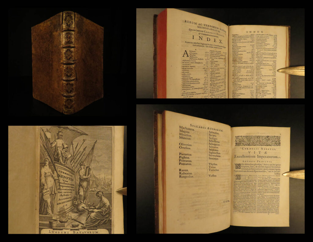 1658 cornelius nepos lives rome roman lawyers philosophy cato the elder hackiana | cornelius nepos was a 1<sup>st</sup>-century bc roman author whose works have mostly all been lost. However, his one surviving work is “<em>excellentium imperatorum vitae</em>” which is a collection of biographical descriptions of roman and foreign leaders. According to roberts, this work details: “roman kings, generals, lawyers, orators, poets, historians, and philosophers. ”   notable figures covered by nepos include themistocles, lysander, and most famously cato the elder. This 1658 printing is a rare edition by hackiana.