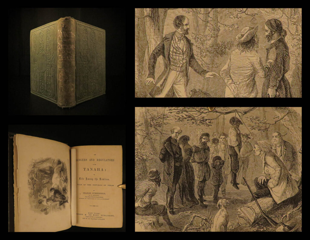 1856 texas rangers 1st ed & regulators tenaha indians slavery duels wild west | the book ‘<em>the rangers and regulators of the tenaha</em>’ written (pseudonymously) by a judge of the twelfth (rio grande) judicial district alfred arrington is about the republic of texas and the life of pioneers and people in these wild west transition states. This story of the wild west was more of a romantic “blood and thunder” fiction than fact, but was told an understanding with the background and facts of the setting its told in. Arrington tells fantastic stories of indians, slaves, daring escapes, torture, duels, murder, rangers, and more! This 1856 first edition is illustrated with 8 full page plates!  