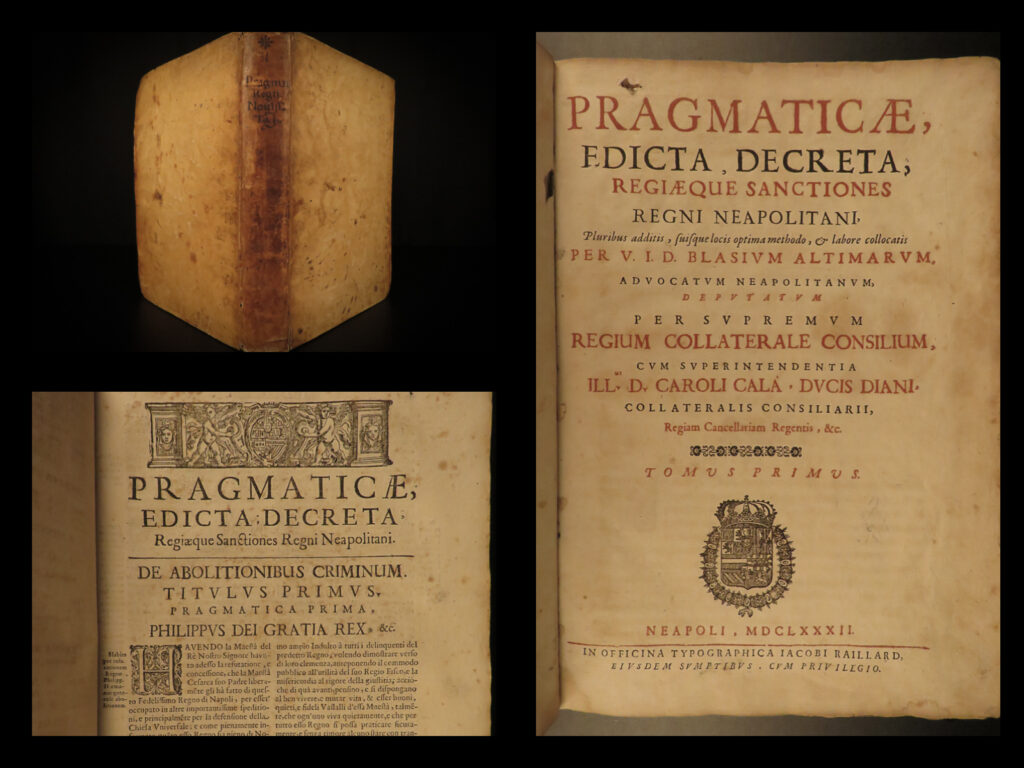 1682 naples law neapoli biagio aldimari insurance trade & customs italy folio | biagio aldimari was a 17<sup>th</sup>-century italian jurist and lawyer best known for his books on noble families and laws of the kingdom of naples. Though, perhaps his most important work was ‘<em>pragmaticae, edicta’</em> – a commentary focusing primarily on morality in insurance law; however, it also includes commentary on law relating to surgery and medicine, animal research, education, international law, and trade customs, and much more.