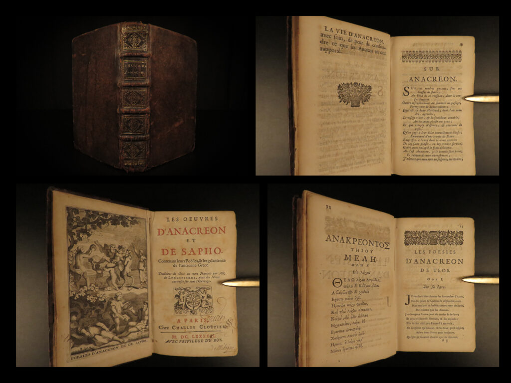 1692 greek erotic poetry 1ed sappho & anacreon classical longepierre french | a rare, late 17<sup>th</sup>-century printing of the poetry of ancient greek writers sappho and anacreon.   known for her lyric poetry written on the island of lesbos, sappho has few surviving works which were thought to be written to be sung. Similarly, the works of 5<sup>th</sup>-century bc poet anacreon were notable ancient songs. This collection of erotic poems was edited and translated by hilaire-bernard longepierre who included a ‘life of sappho’ in this 1692 edition.