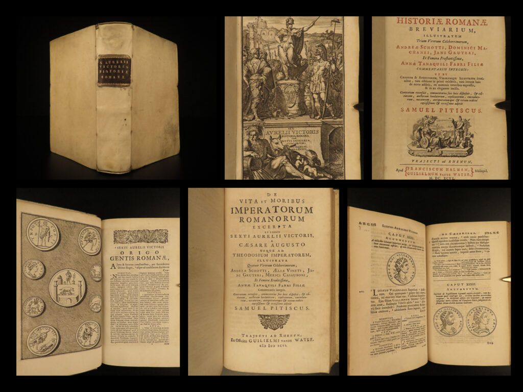 1696 aurelius victor historia romana augustus caesar theodosius dutch pitiscus | aurelius victor was a 4<sup>th</sup>-century roman historian best known for his book ‘<em>historia romana’</em>. This work comprises accounts of the origins and establishment of rome, mythology, and reigns of notable emperors such as augustus caesar and theodosius. Dutch historian samuel pitiscus collected and edited classical literature such as rosinus, suetonius, and this 17<sup>th</sup>-century printing of victor.